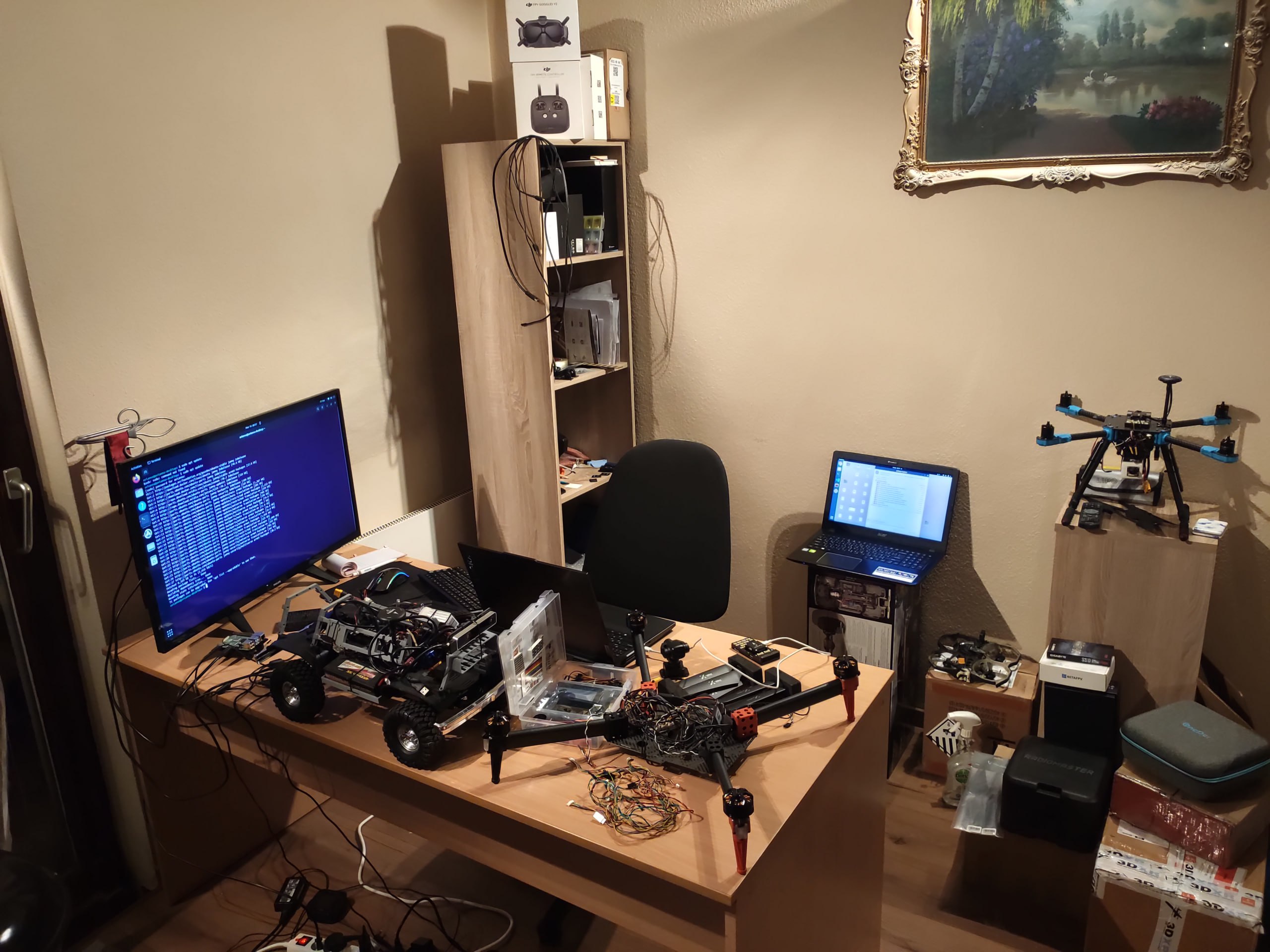 Workshop — full desk with drone and monitor